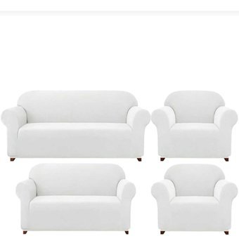Akbu Polyester Likralı Süngersiz Düz Giydirmeli Lastikli Beyaz Dörtlü Koltuk Örtüsü 180x230 cm