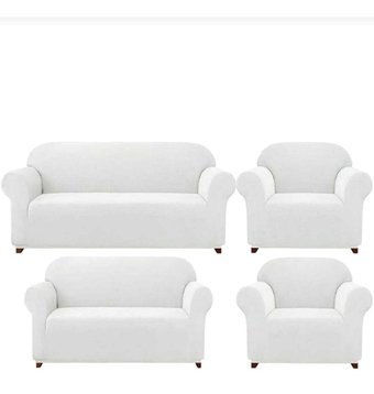 Akbu Polyester Likralı Süngersiz Düz Giydirmeli Lastikli Beyaz Dörtlü Koltuk Örtüsü 180x230 cm