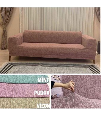 Hanemce Pamuklu - Polyester Süngersiz Kırçıllı Giydirmeli Pembe Üçlü Koltuk Örtüsü 180x237 cm