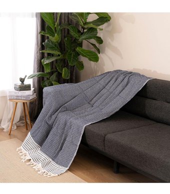 Dafne Moda Naturel Pamuklu Kanvas Püsküllü Süngersiz Armürlü Lacivert Üçlü Koltuk Örtüsü 170x210 cm