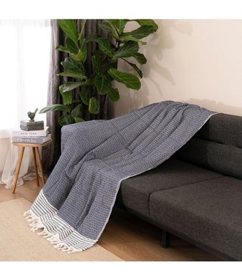 Dafne Moda Naturel Pamuklu Kanvas Püsküllü Süngersiz Armürlü Lacivert Üçlü Koltuk Örtüsü 170x210 cm