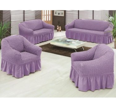 Nusret Pamuklu Bürümcük Fırfırlı Süngersiz Kareli Giydirmeli Mor Dörtlü Koltuk Örtüsü 180x230 cm