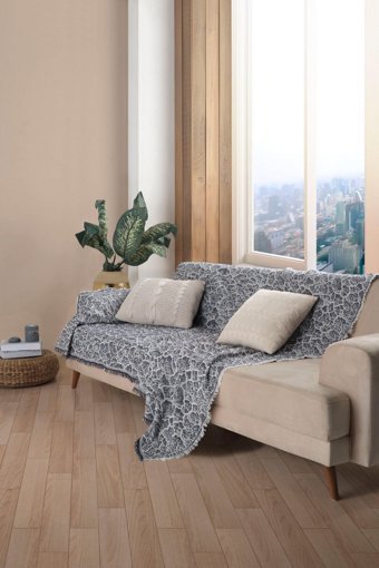 Miracolo Home Pamuklu - Polyester Saçaklı Süngersiz Kamuflaj Desenli Siyah Tekli Koltuk Örtüsü 180x220 cm