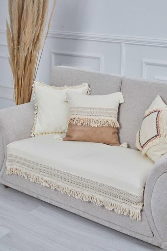 Aisha's Design KO-25 Pamuklu Püsküllü Süngersiz Düz Giydirmeli Lastikli Bej Tekli Koltuk Örtüsü 90x155 cm
