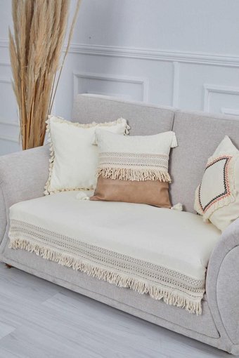 Aisha's Design KO-25 Pamuklu Püsküllü Süngersiz Düz Giydirmeli Lastikli Bej Tekli Koltuk Örtüsü 90x155 cm