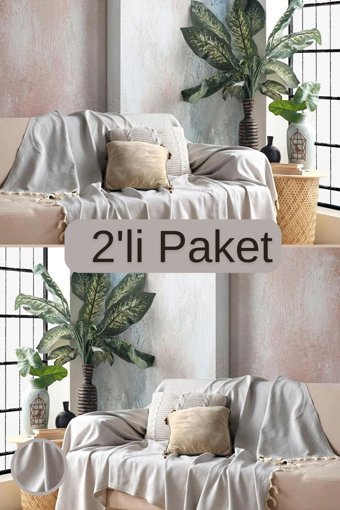 Miracolo Home Pamuklu Püsküllü Süngersiz Çizgili Pembe İkili Koltuk Örtüsü 170x230 cm