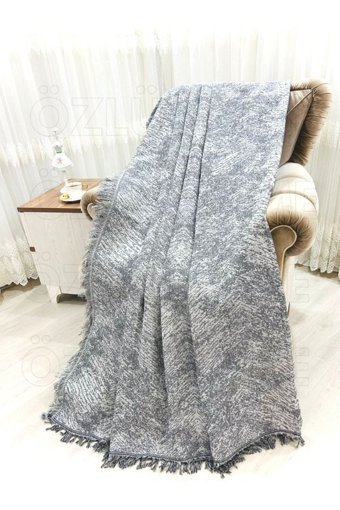 Özlü Home Pamuklu Örgü Saçaklı Süngersiz Çizgili Haki Tekli Koltuk Örtüsü 170x220 cm