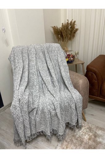 Şener Home Pamuklu Polar Saçaklı Süngersiz Düz Gri Tekli Koltuk Örtüsü 170x350 cm
