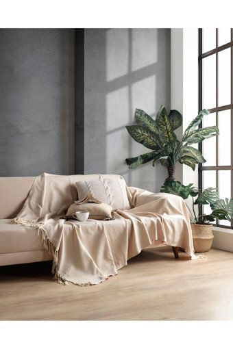 Botex Pamuklu Püsküllü Süngersiz Düz Bej Tekli Koltuk Örtüsü 170x230 cm