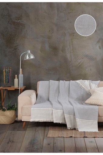 Denia Home Textile Line Pamuklu Kanvas Saçaklı Süngersiz Armürlü Gri Üçlü Koltuk Örtüsü 170x200 cm