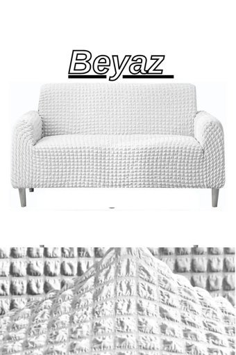 E Bahar Polyester Bürümcük Jakarlı Süngersiz Armürlü Giydirmeli Beyaz Üçlü Koltuk Örtüsü 180x230 cm