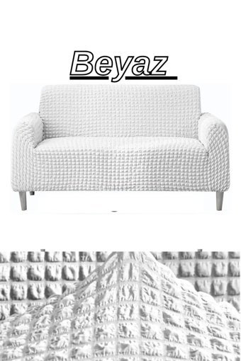 E Bahar Polyester Bürümcük Jakarlı Süngersiz Armürlü Giydirmeli Beyaz Üçlü Koltuk Örtüsü 180x230 cm