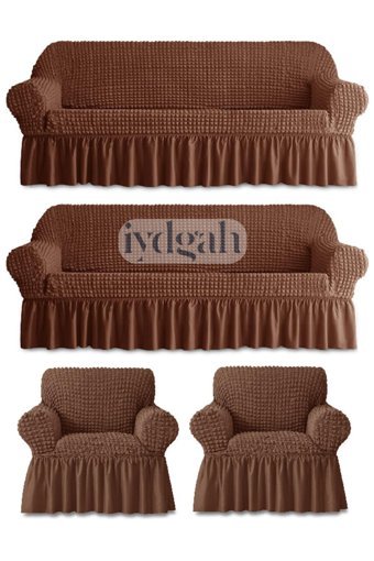 Iydgah Polyester Bürümcük-Likralı Fırfırlı Süngersiz Kapitone Giydirmeli Kahverengi 3-3-1-1 Koltuk Örtüsü 180x230 cm