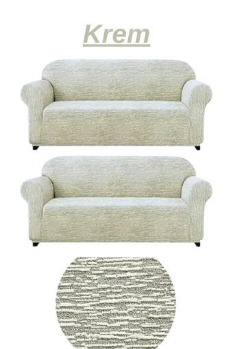 E Bahar Pamuklu - Polyester Likralı Jakarlı Süngersiz Armürlü Giydirmeli Bej Altılı Koltuk Örtüsü 180x230 cm