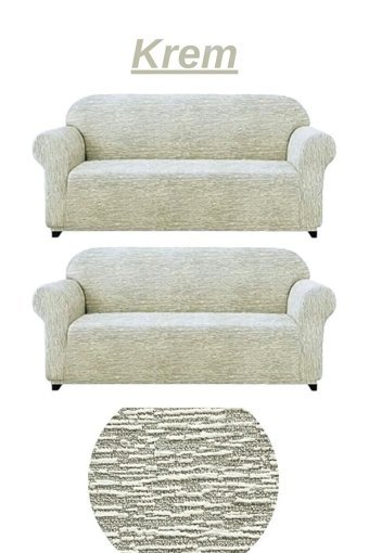 E Bahar Pamuklu - Polyester Likralı Jakarlı Süngersiz Armürlü Giydirmeli Bej Altılı Koltuk Örtüsü 180x230 cm
