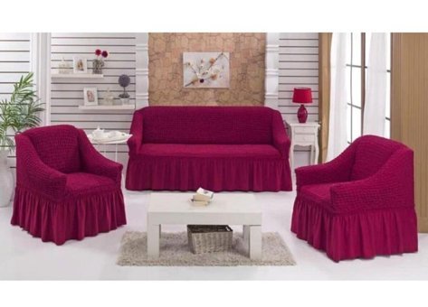Nusret Pamuklu - Polyester Bürümcük Fırfırlı Süngersiz Kareli Giydirmeli Bordo Üçlü Koltuk Örtüsü 230x180 cm