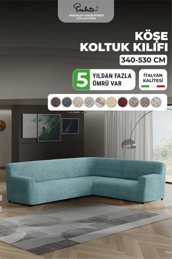 Paulato Mikrofiber Likralı Jakarlı Süngersiz Çizgili Giydirmeli Turkuaz Üçlü Koltuk Örtüsü 300x550 cm