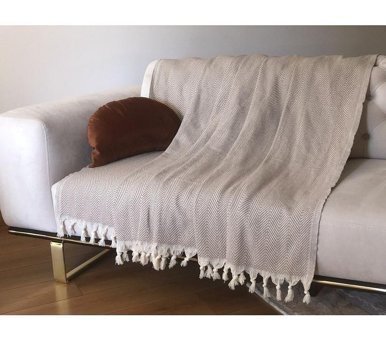 Koza Home Pamuklu Saçaklı Süngersiz Çizgili Bej Tekli Koltuk Örtüsü 180x215 cm