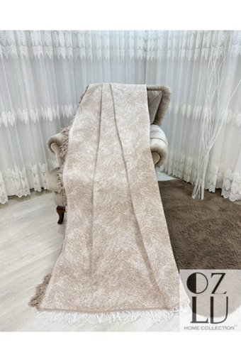 Özlü Home Pamuklu Örgü Saçaklı Süngersiz Çizgili Bej Tekli Koltuk Örtüsü 170x220 cm