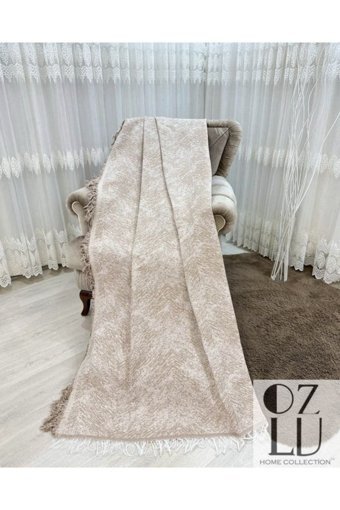 Özlü Home Pamuklu Örgü Saçaklı Süngersiz Çizgili Bej Tekli Koltuk Örtüsü 170x220 cm
