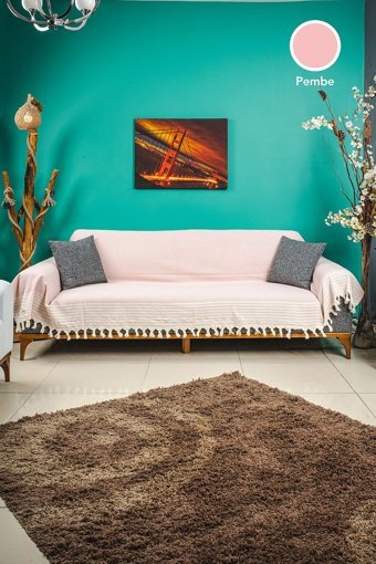 Eren Home Pamuklu Kanvas Püsküllü Süngersiz Armürlü Pembe Üçlü Koltuk Örtüsü 180x300 cm