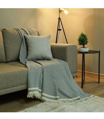 Dc Home Pamuklu Kanvas Saçaklı Süngersiz Armürlü Gri Üçlü Koltuk Örtüsü 170x230 cm