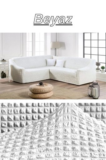 E Bahar Polyester Bürümcük Jakarlı Süngersiz Armürlü Giydirmeli Beyaz Dörtlü Koltuk Örtüsü 180x230 cm
