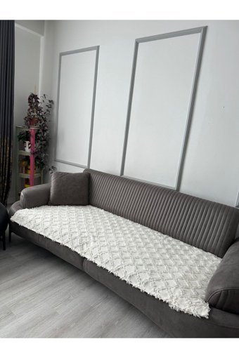 Hs Şönil Örgü Saçaklı Süngersiz Geometrik Desenli Ekru Tekli Koltuk Örtüsü 200x80 cm