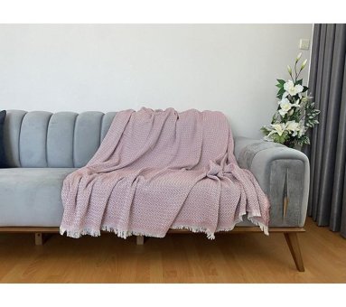 Niks Home Pamuklu Saçaklı Süngersiz Geometrik Desenli Pembe Tekli Koltuk Örtüsü 170x210 cm