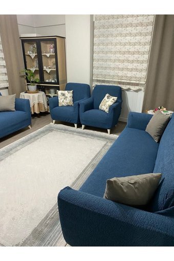 Uyumev Pamuklu - Polyester Bürümcük-Likralı Jakarlı Süngerli Çizgili Giydirmeli Lacivert Dörtlü Koltuk Örtüsü 180x230 cm