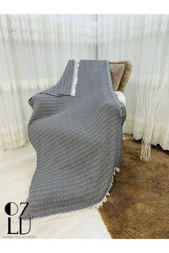 Özlü Home Seraser Pamuklu - Polyester Örgü Saçaklı Süngersiz Çizgili Siyah Tekli Koltuk Örtüsü 170x210 cm