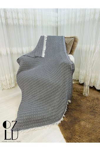 Özlü Home Seraser Pamuklu - Polyester Örgü Saçaklı Süngersiz Çizgili Siyah Tekli Koltuk Örtüsü 170x210 cm