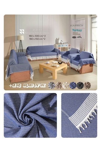 Lux Touch Bergama Pamuklu Püsküllü Süngersiz Geometrik Desenli Kaymaz Lacivert Dörtlü Koltuk Örtüsü 180x300 cm