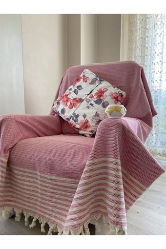 Altınkoza Pamuklu Püsküllü Süngersiz Pembe Tekli Koltuk Örtüsü 150x180 cm
