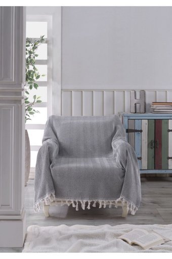 Ladynil Natural Pamuklu Saçaklı Süngersiz Çizgili Siyah Tekli Koltuk Örtüsü 160x160 cm