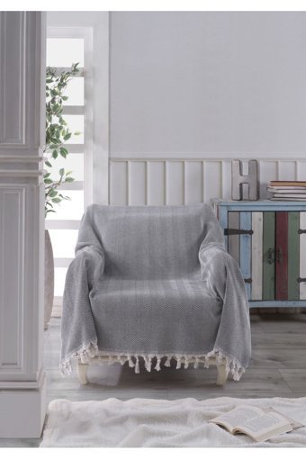 Ladynil Natural Pamuklu Saçaklı Süngersiz Çizgili Siyah Tekli Koltuk Örtüsü 160x160 cm