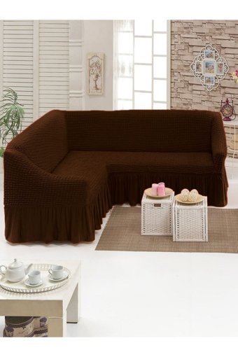 Armağan Pamuklu - Polyester Bürümcük Fırfırlı Süngersiz Giydirmeli Lastikli Kahverengi Tekli Koltuk Örtüsü 175x215 cm
