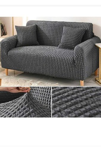 Akbu Pamuklu - Polyester Bürümcük Süngersiz Giydirmeli Lastikli Gri Tekli Koltuk Örtüsü 180x230 cm