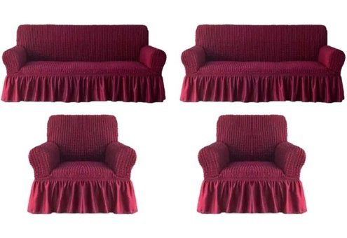 Kırören Polyester Bürümcük Fırfırlı Süngersiz Çizgili Giydirmeli Bordo Dörtlü Koltuk Örtüsü 200x250 cm