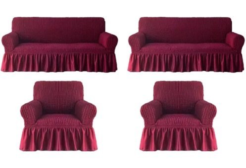 Kırören Polyester Bürümcük Fırfırlı Süngersiz Çizgili Giydirmeli Bordo Dörtlü Koltuk Örtüsü 200x250 cm