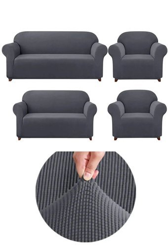 Uytm Bambu - Pamuklu Bürümcük-Likralı Süngerli Düz Giydirmeli Gri Dörtlü Koltuk Örtüsü 180x230 cm