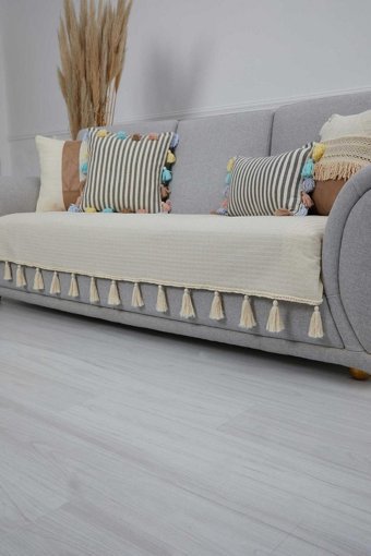 Aisha's Design KO-23 Pamuklu Örgü Püsküllü Süngersiz Çizgili Giydirmeli Lastikli Bej Tekli Koltuk Örtüsü 90x210 cm