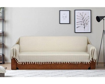 Nasır Home Pamuklu Püsküllü Süngersiz Düz Ekru Tekli Koltuk Örtüsü 180x300 cm