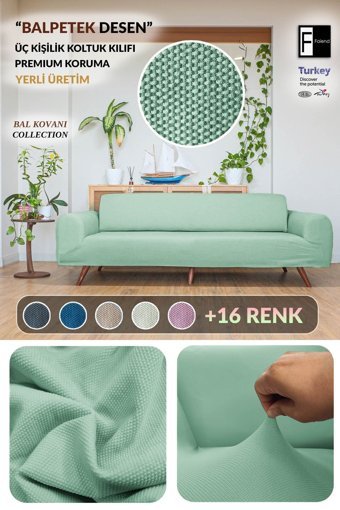 Faiend Polyester Süngersiz Düz Giydirmeli Yeşil Üçlü Koltuk Örtüsü 180x230 cm