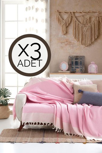 Lux Touch Bergama Pamuklu Püsküllü Süngersiz Geometrik Desenli Pembe Üçlü Koltuk Örtüsü 180x200 cm