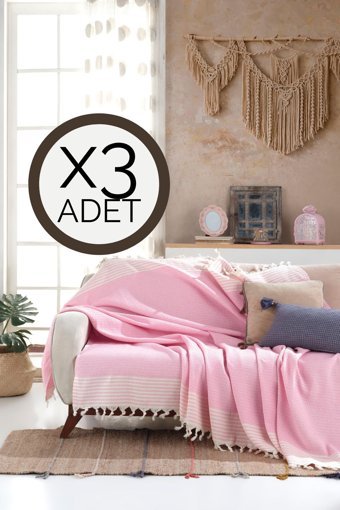 Lux Touch Bergama Pamuklu Püsküllü Süngersiz Geometrik Desenli Pembe Üçlü Koltuk Örtüsü 180x200 cm