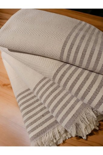 Şener Home Pamuklu Polar Saçaklı Süngersiz Çizgili Bej Tekli Koltuk Örtüsü 170x301 cm