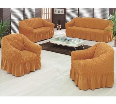 Altın Kelebek Polyester Bürümcük Fırfırlı Süngersiz Giydirmeli Lastikli Hardal Dörtlü Koltuk Örtüsü 180x230 cm