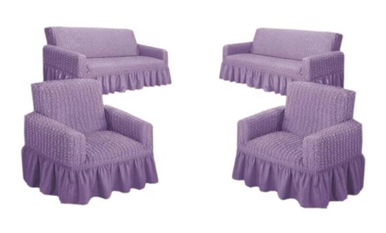 Nera Home Pamuklu - Polyester Bürümcük Fırfırlı Süngersiz Geometrik Desenli Giydirmeli Mor Dörtlü Koltuk Örtüsü 183x230 cm