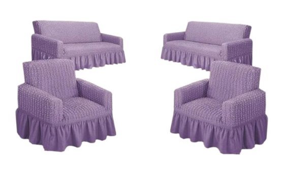 Nera Home Pamuklu - Polyester Bürümcük Fırfırlı Süngersiz Geometrik Desenli Giydirmeli Mor Dörtlü Koltuk Örtüsü 183x230 cm